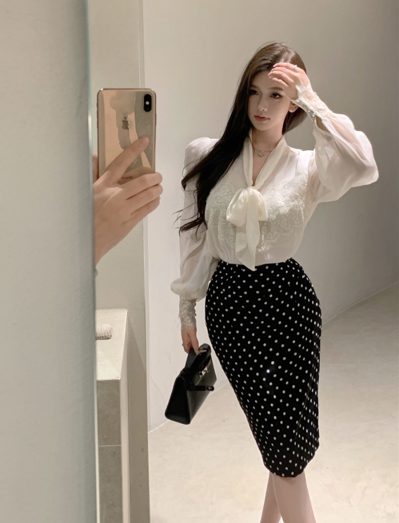 Temperament package hip skirt bow splice shirt for women