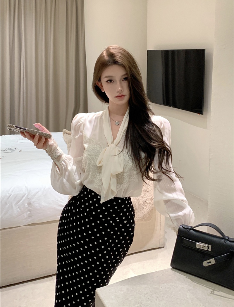 Temperament package hip skirt bow splice shirt for women