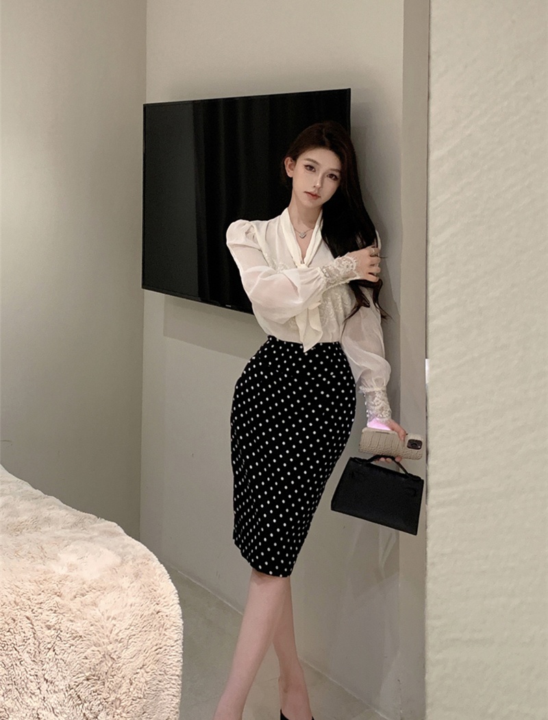 Temperament package hip skirt bow splice shirt for women