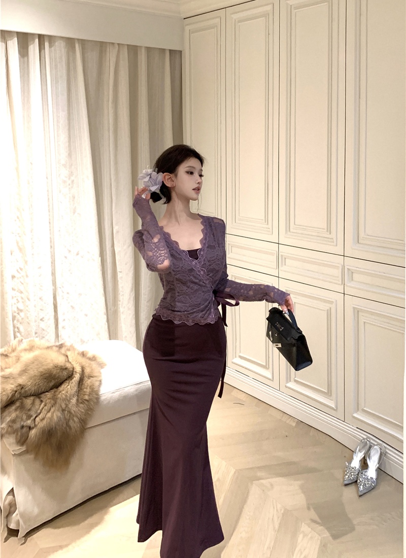 Enticement lace cardigan long sleeve dress for women