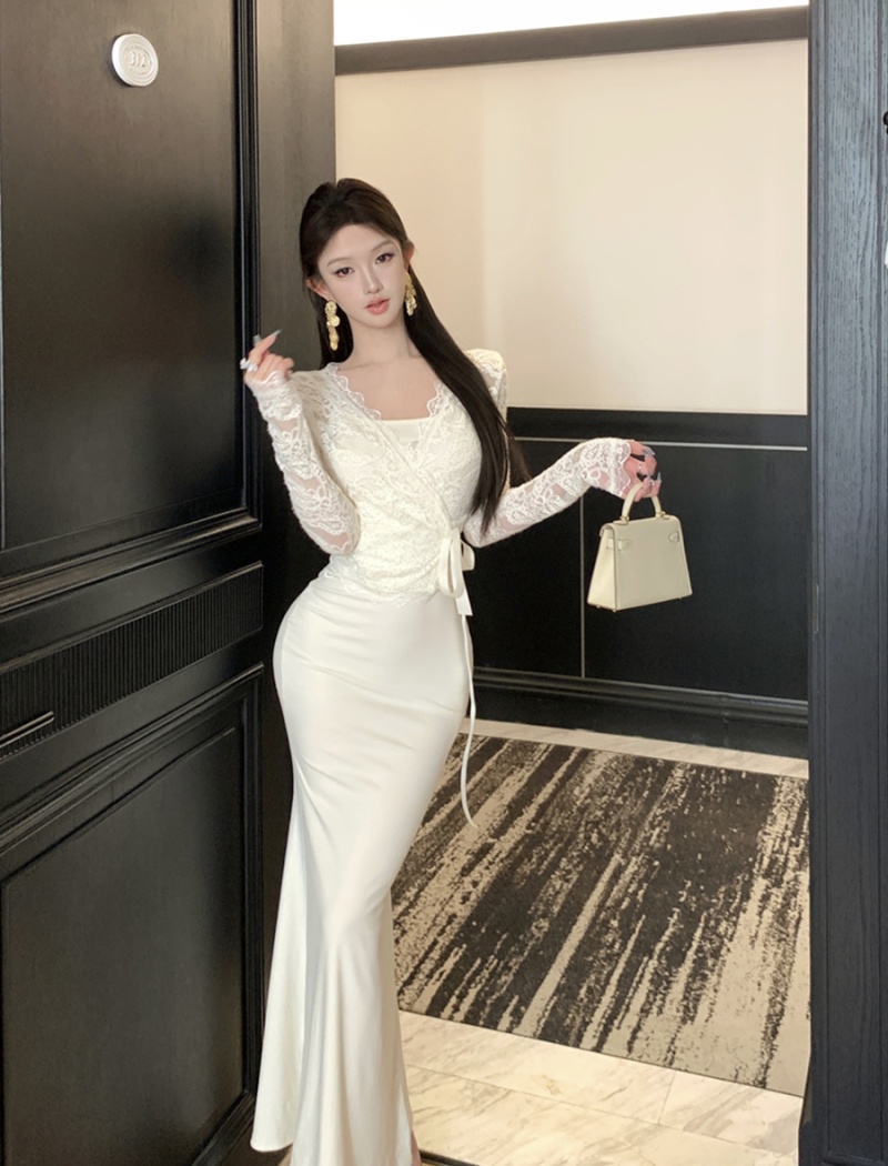Enticement lace cardigan long sleeve dress for women