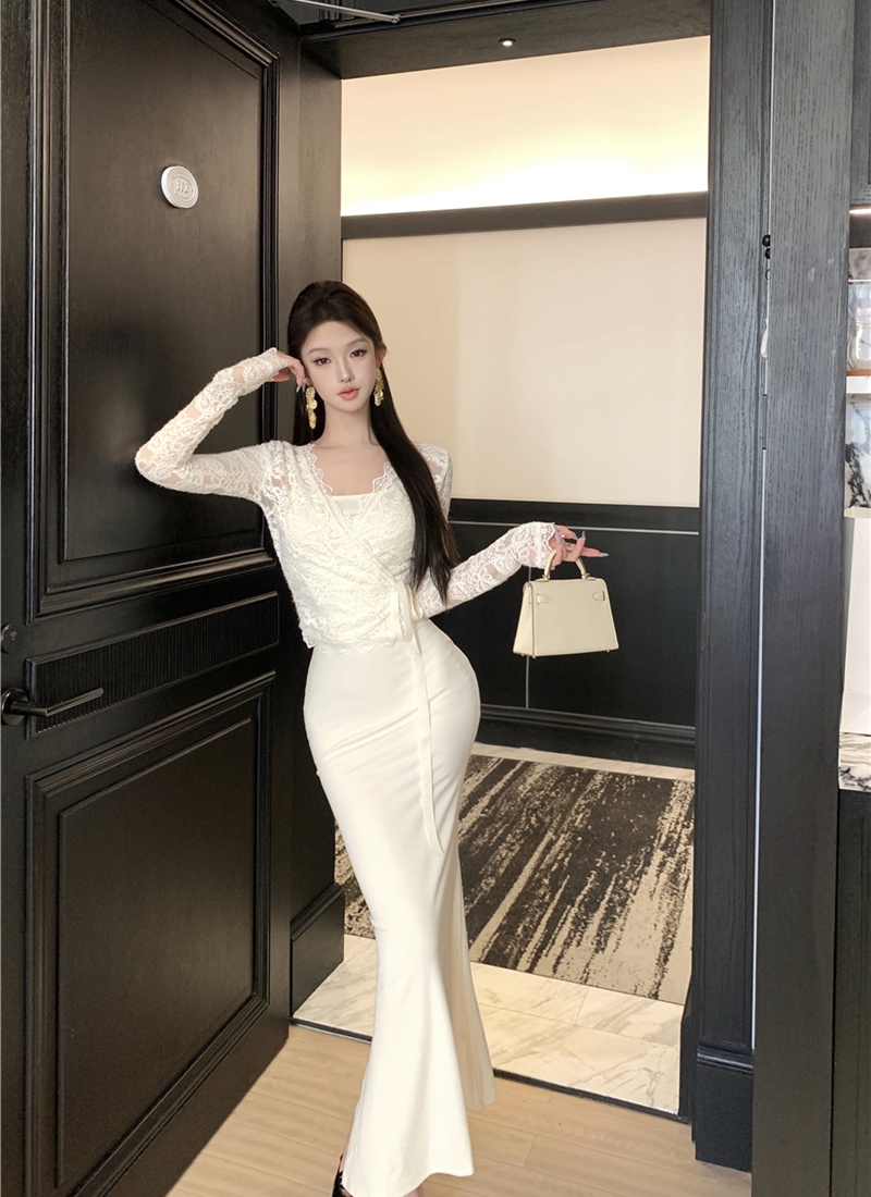 Enticement lace cardigan long sleeve dress for women