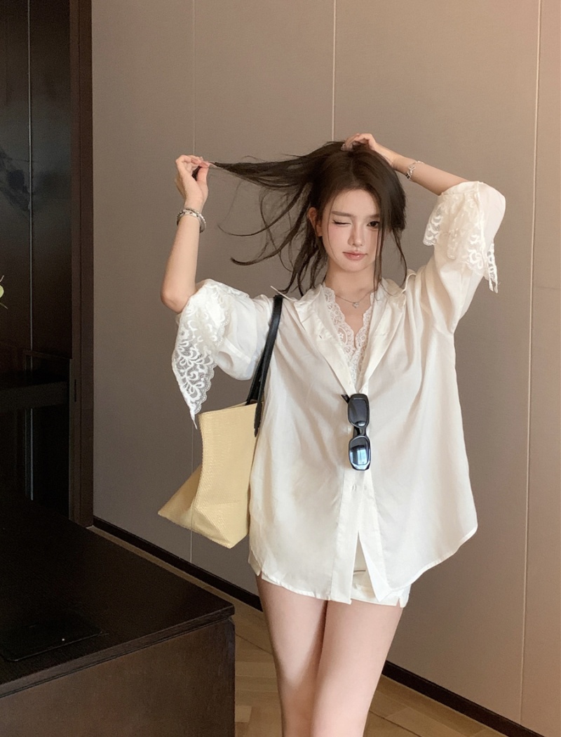Lace splice lazy loose tops Pseudo-two sexy retro shirt