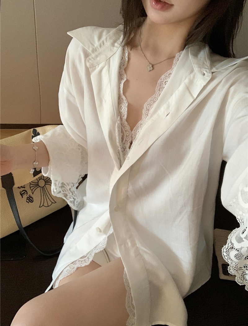 Lace splice lazy loose tops Pseudo-two sexy retro shirt