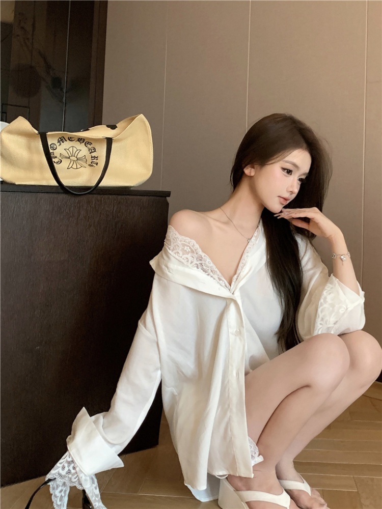 Lace splice lazy loose tops Pseudo-two sexy retro shirt