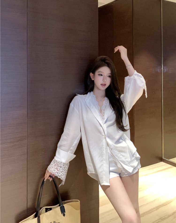 Lace splice lazy loose tops Pseudo-two sexy retro shirt