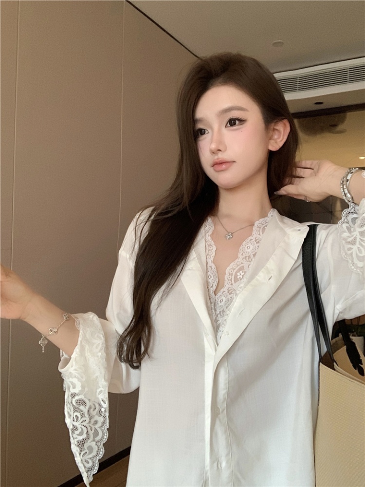 Lace splice lazy loose tops Pseudo-two sexy retro shirt