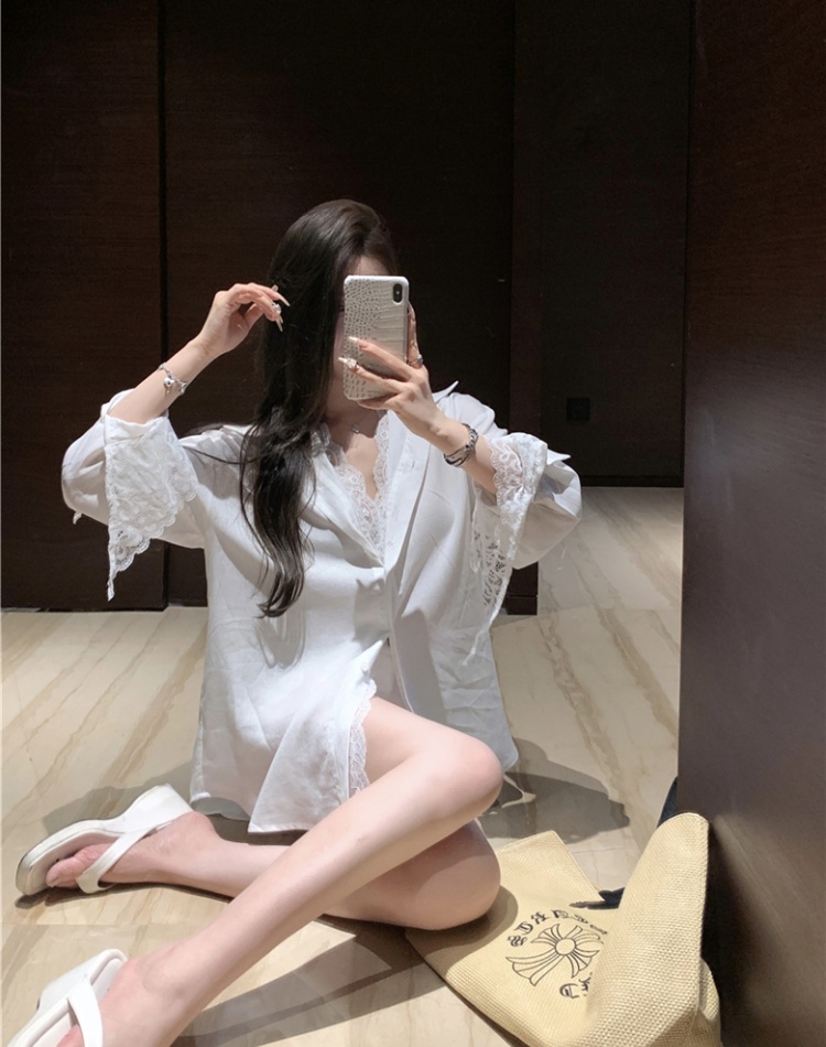 Lace splice lazy loose tops Pseudo-two sexy retro shirt