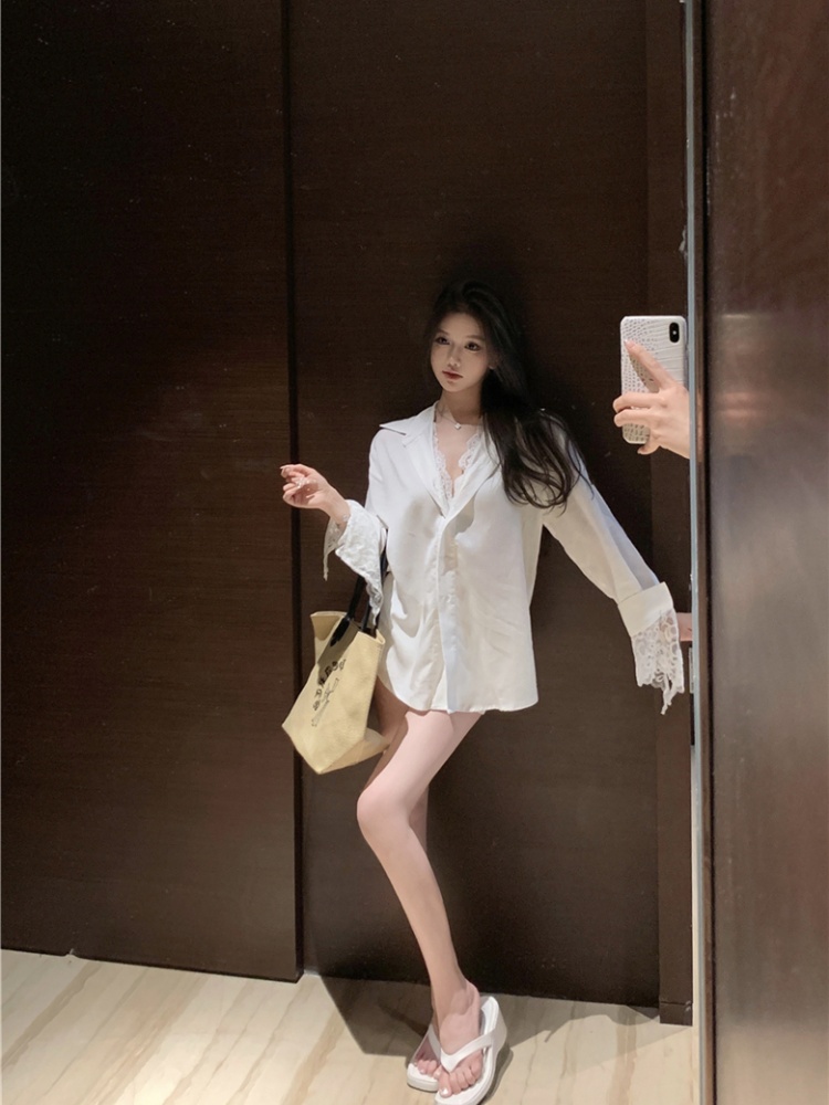 Lace splice lazy loose tops Pseudo-two sexy retro shirt