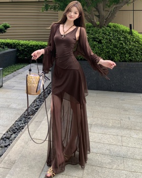 Retro sling dress gauze long dress a set for women