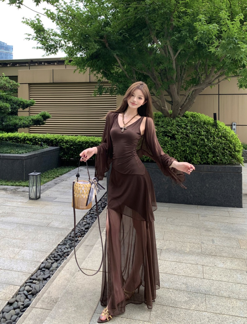 Retro sling dress gauze long dress a set for women