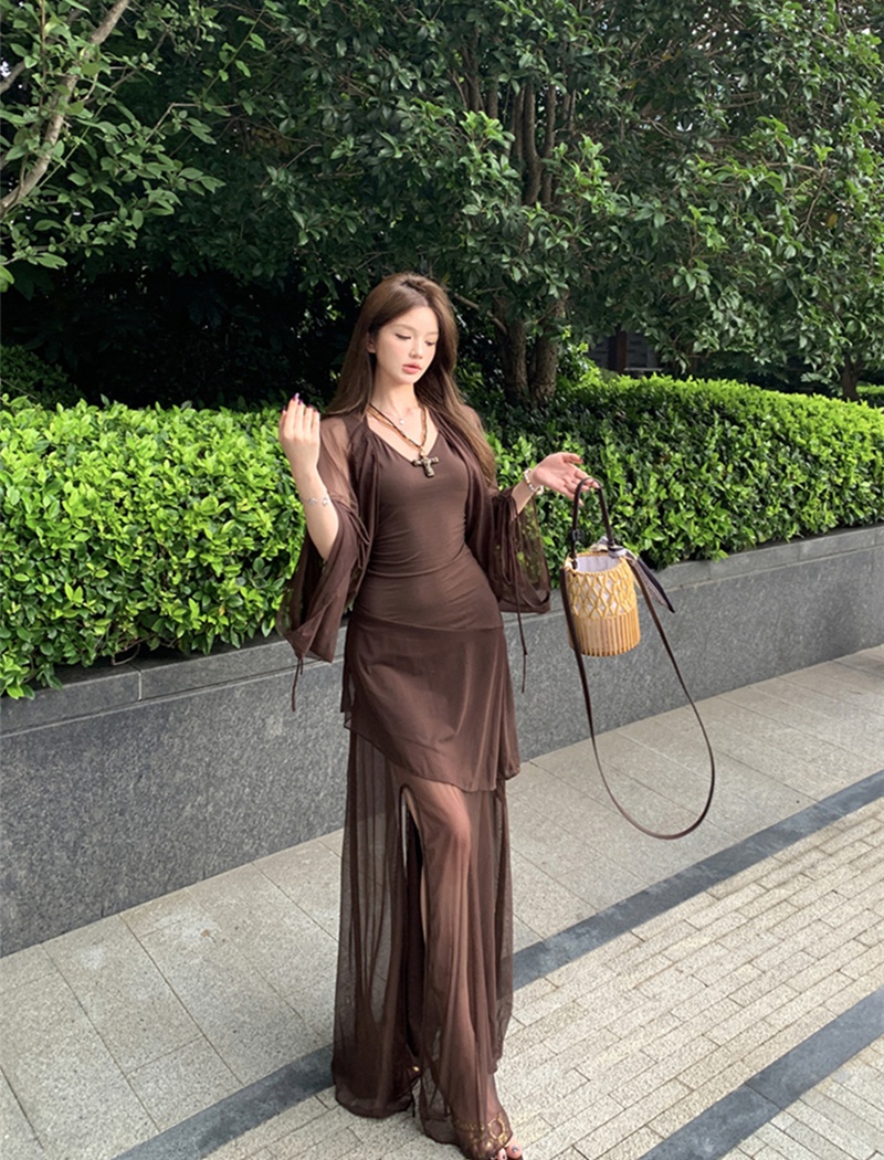 Retro sling dress gauze long dress a set for women