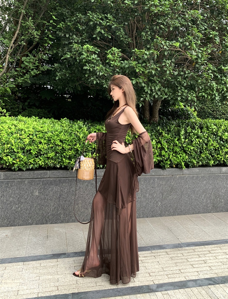 Retro sling dress gauze long dress a set for women