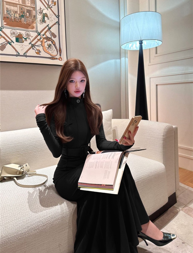 Mermaid slim belt cstand collar dress for women