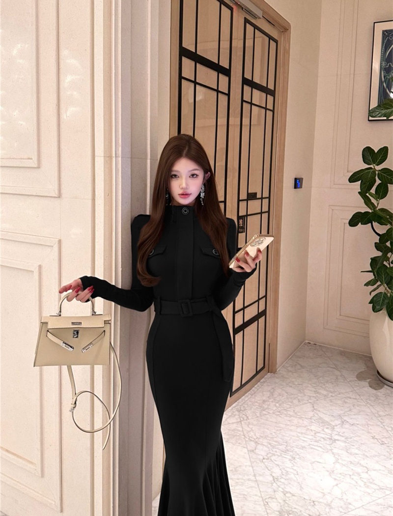 Mermaid slim belt cstand collar dress for women