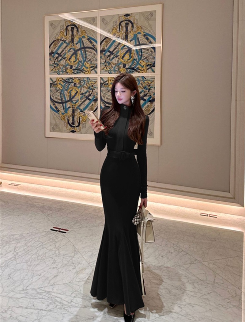 Mermaid slim belt cstand collar dress for women