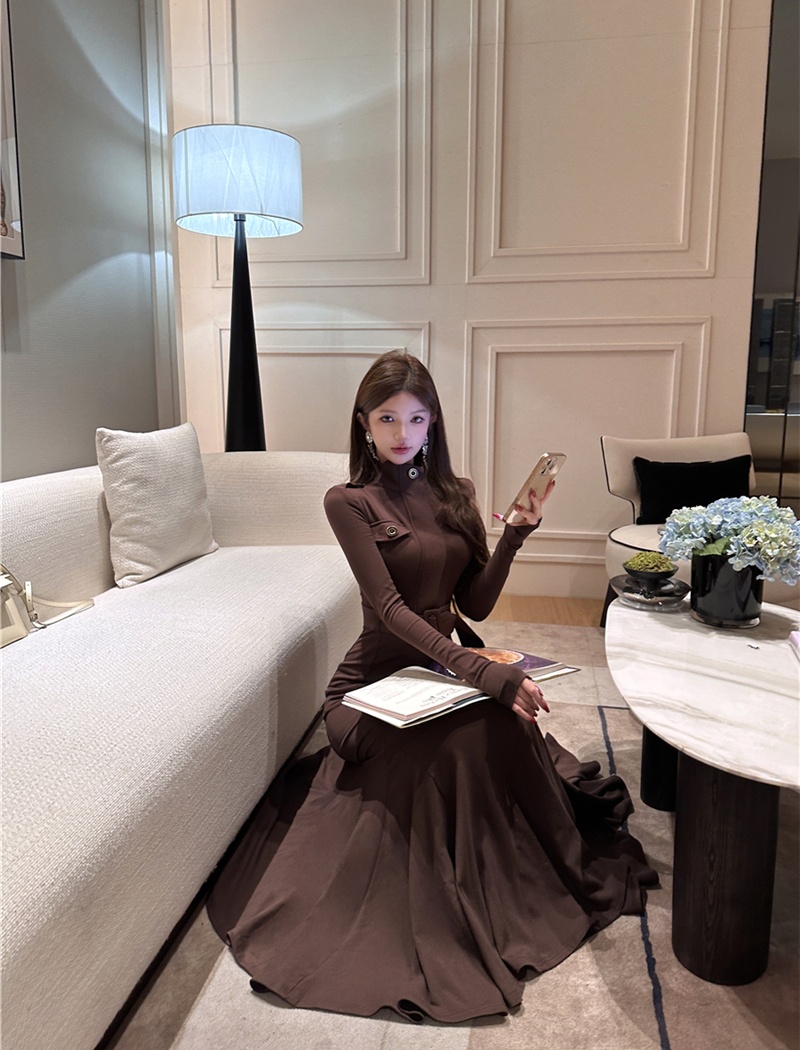 Mermaid slim belt cstand collar dress for women