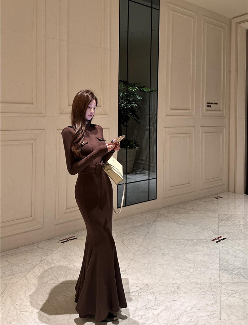 Mermaid slim belt cstand collar dress for women