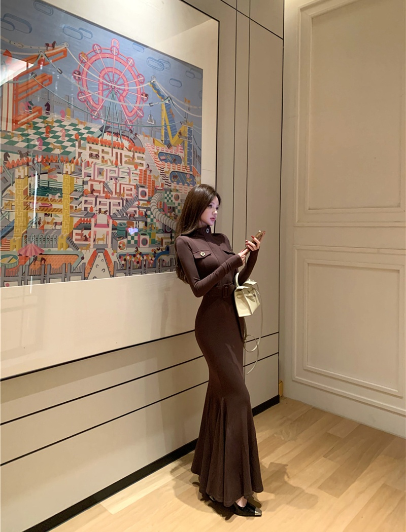 Mermaid slim belt cstand collar dress for women