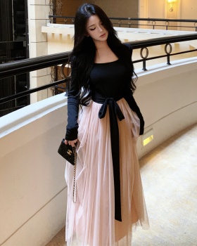 Autumn mixed colors bow waistcoat slim frenum dress