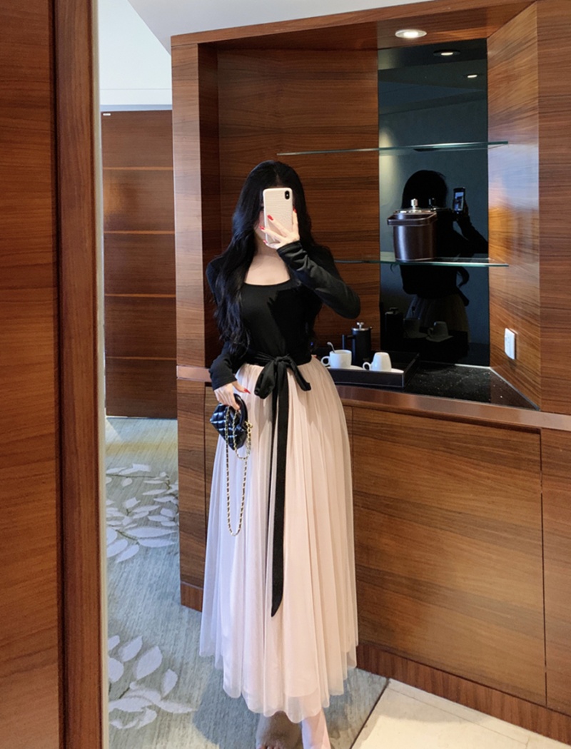 Autumn mixed colors bow waistcoat slim frenum dress