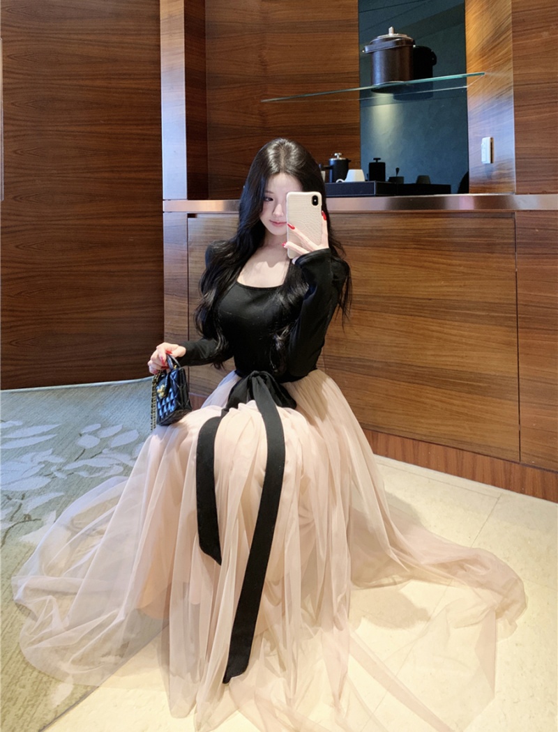 Autumn mixed colors bow waistcoat slim frenum dress