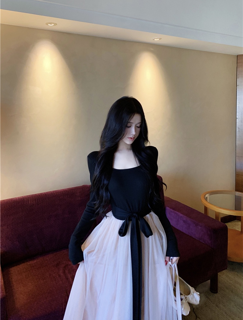 Autumn mixed colors bow waistcoat slim frenum dress