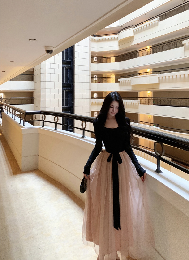 Autumn mixed colors bow waistcoat slim frenum dress