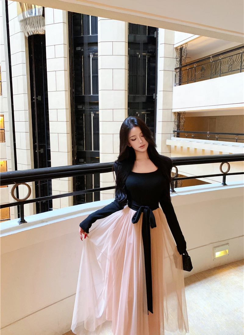 Autumn mixed colors bow waistcoat slim frenum dress