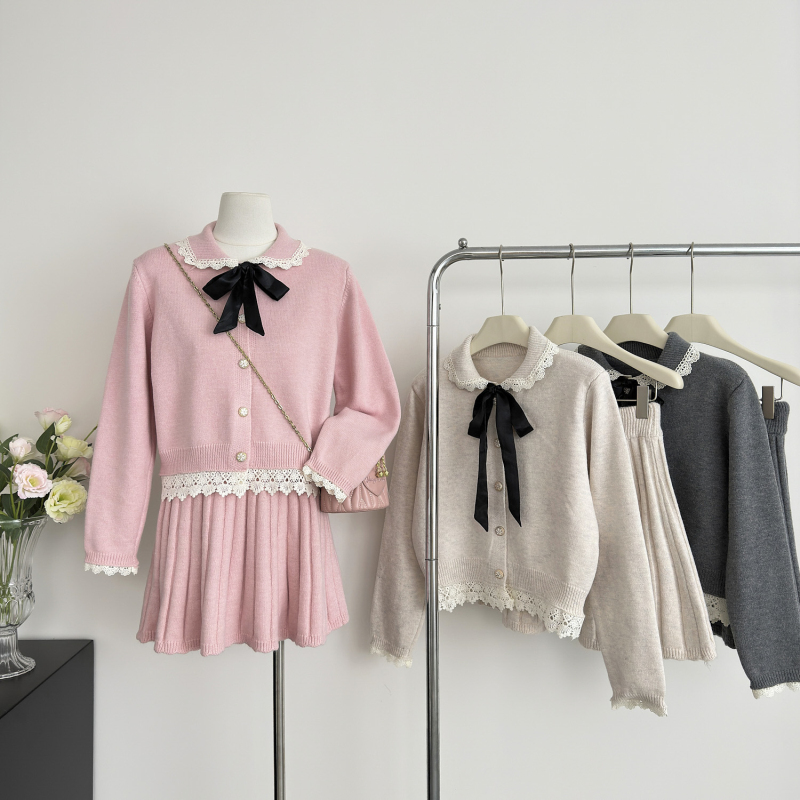 Long sleeve fashion cardigan pink skirt a set for women