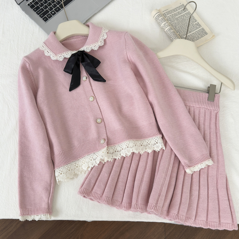 Long sleeve fashion cardigan pink skirt a set for women