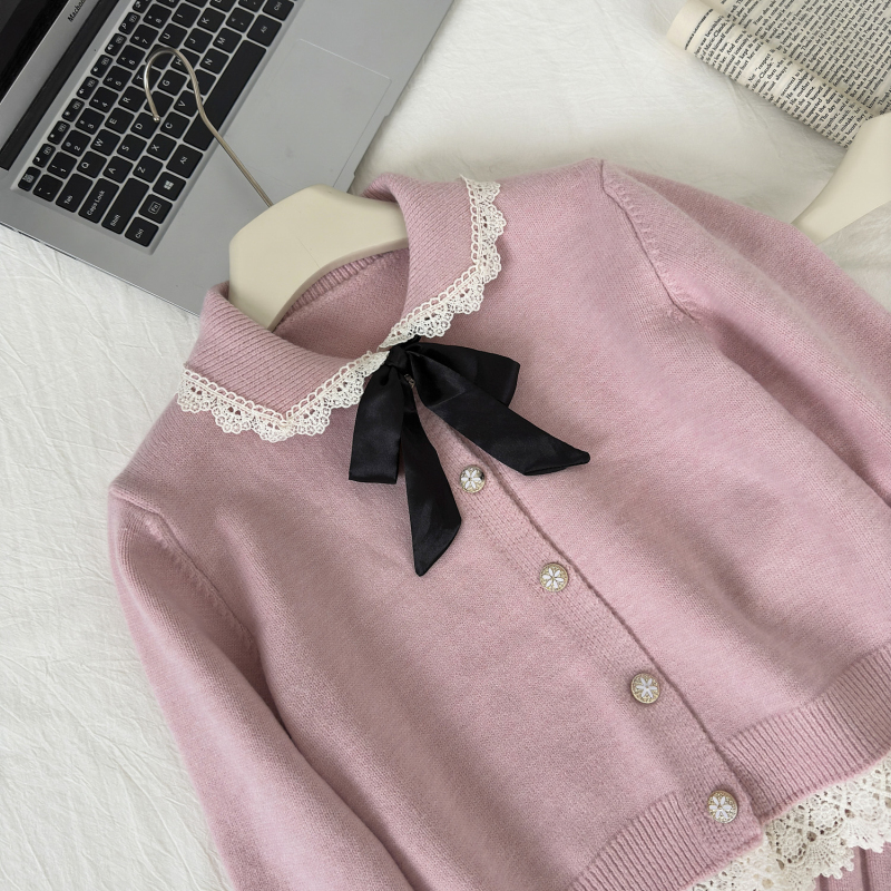 Long sleeve fashion cardigan pink skirt a set for women