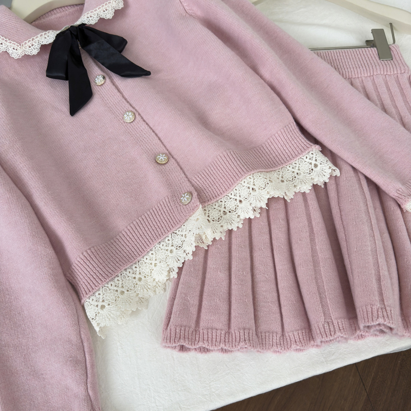 Long sleeve fashion cardigan pink skirt a set for women
