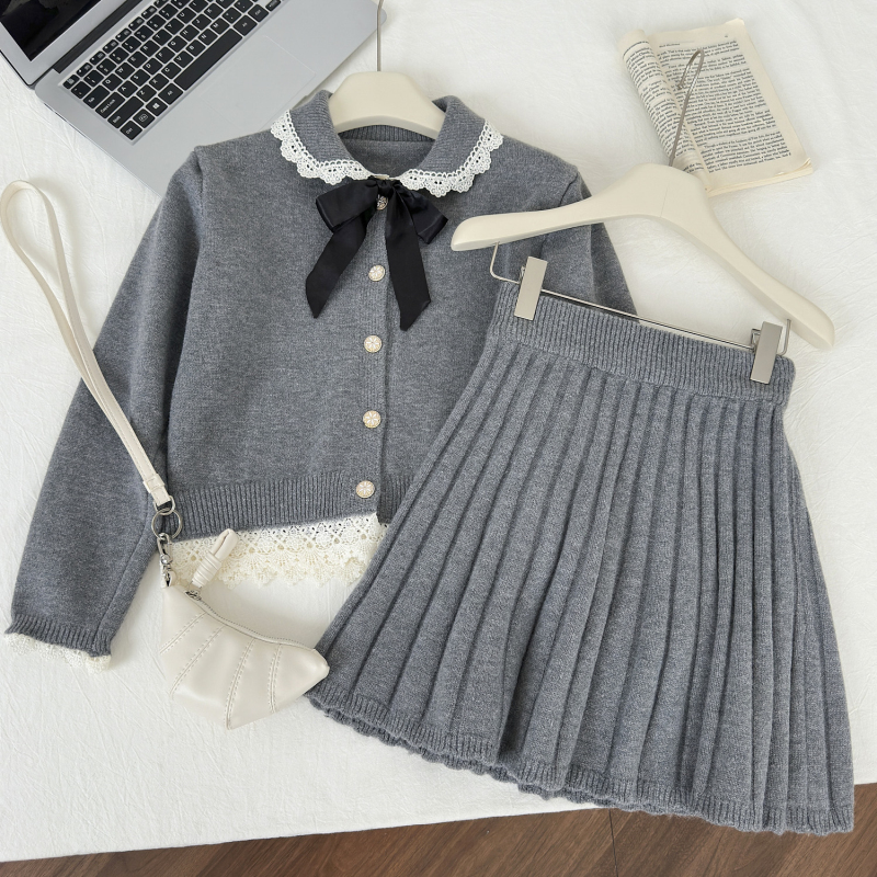 Long sleeve fashion cardigan pink skirt a set for women