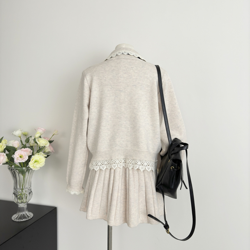 Long sleeve fashion cardigan pink skirt a set for women