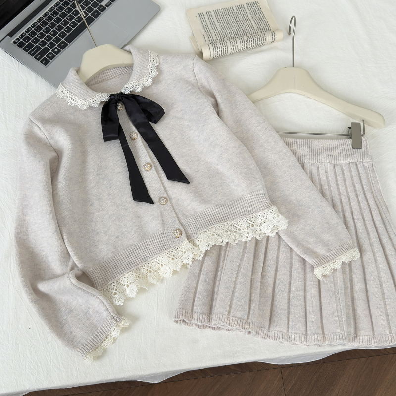 Long sleeve fashion cardigan pink skirt a set for women