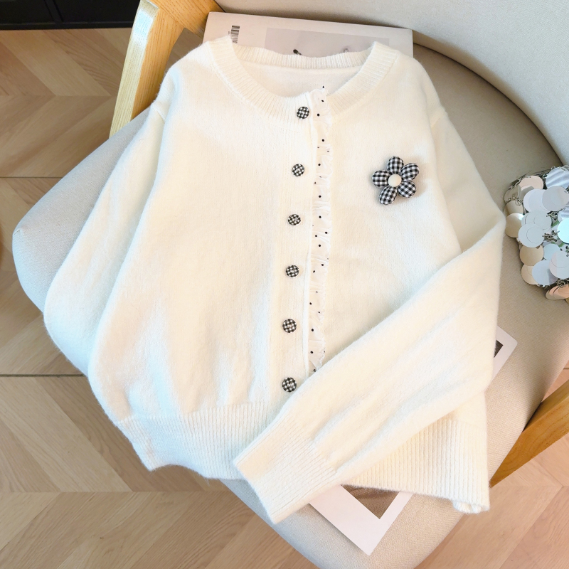 Lace round neck sweater mink velvet splice tops