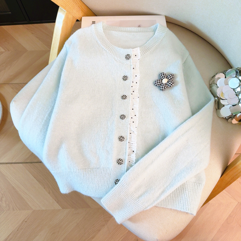 Lace round neck sweater mink velvet splice tops