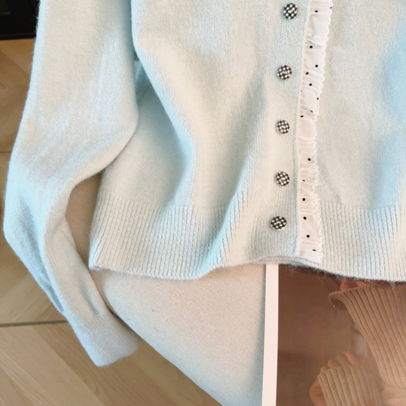 Lace round neck sweater mink velvet splice tops