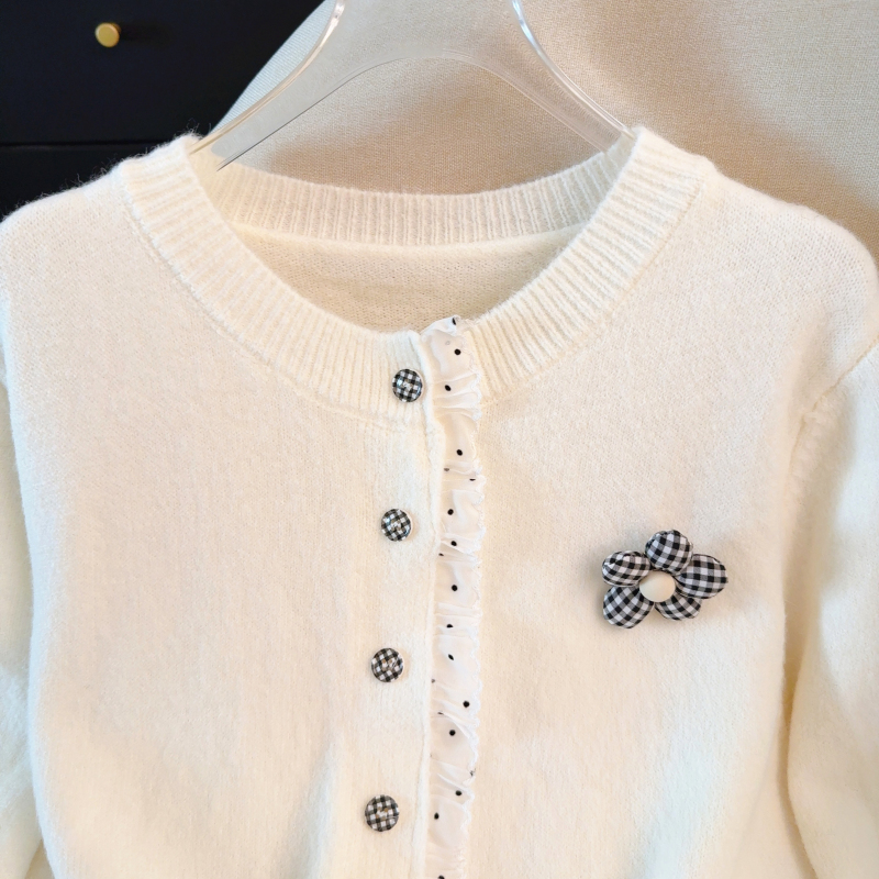 Lace round neck sweater mink velvet splice tops