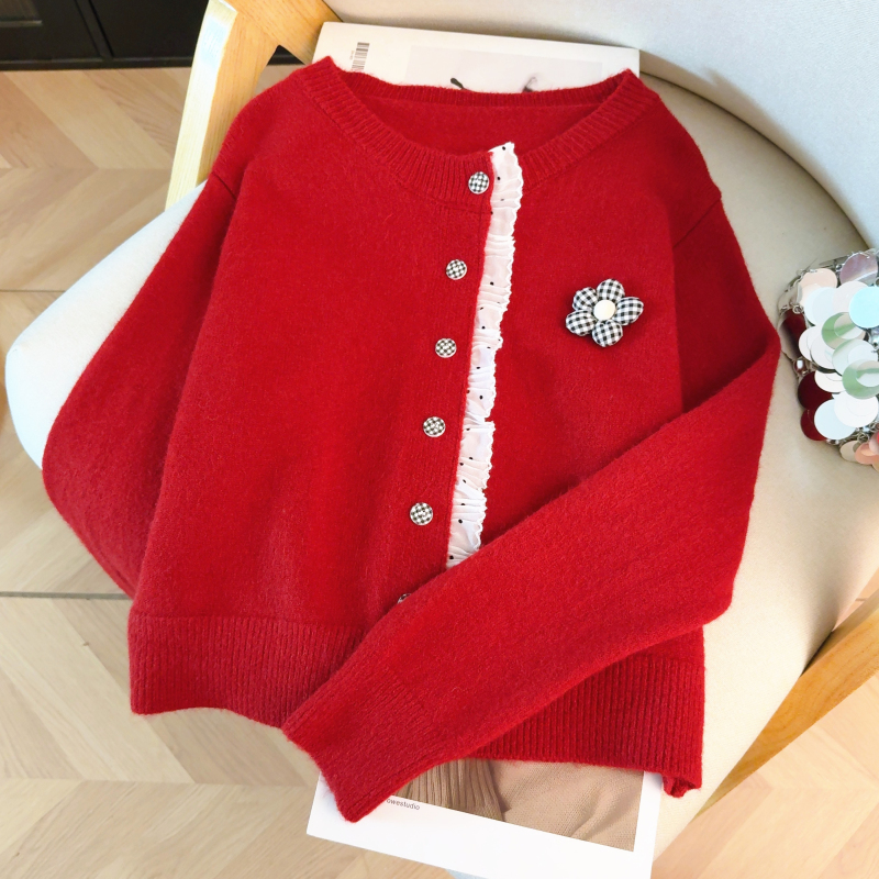 Lace round neck sweater mink velvet splice tops