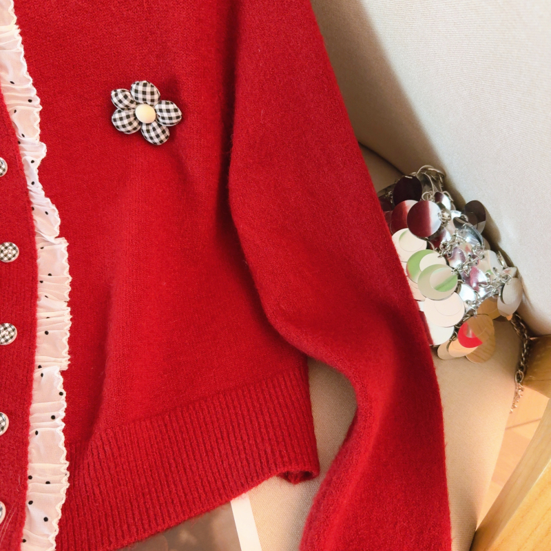 Lace round neck sweater mink velvet splice tops