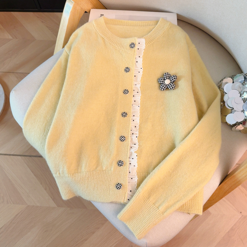 Lace round neck sweater mink velvet splice tops