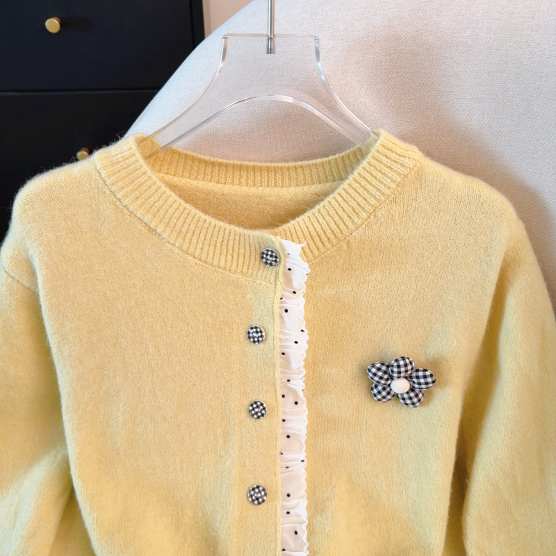 Lace round neck sweater mink velvet splice tops