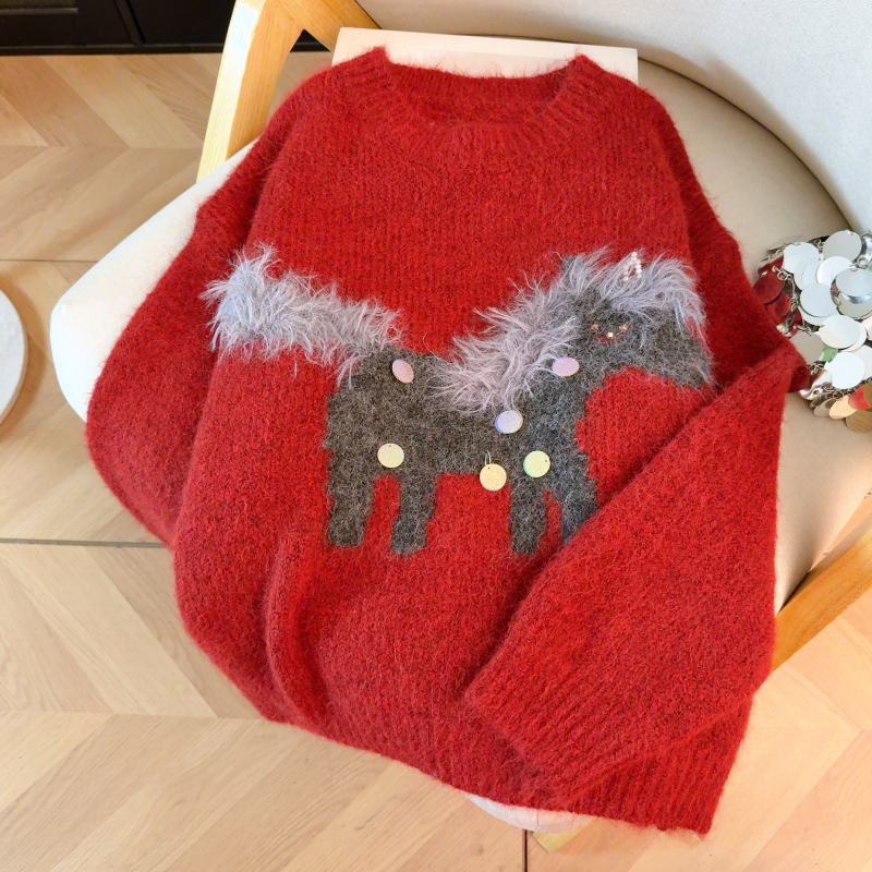 Red retro tops all-match thick sweater for women