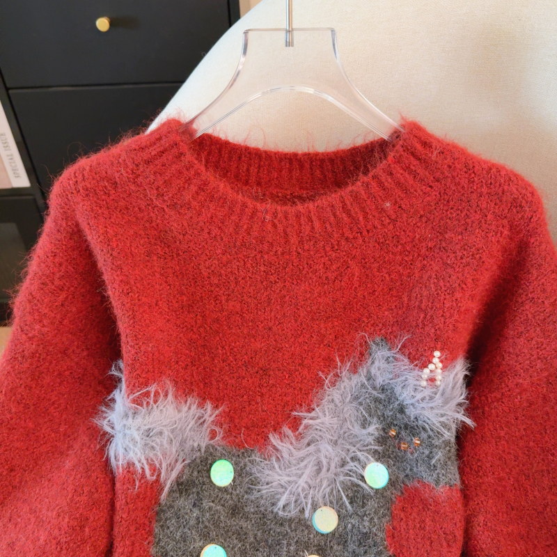 Red retro tops all-match thick sweater for women