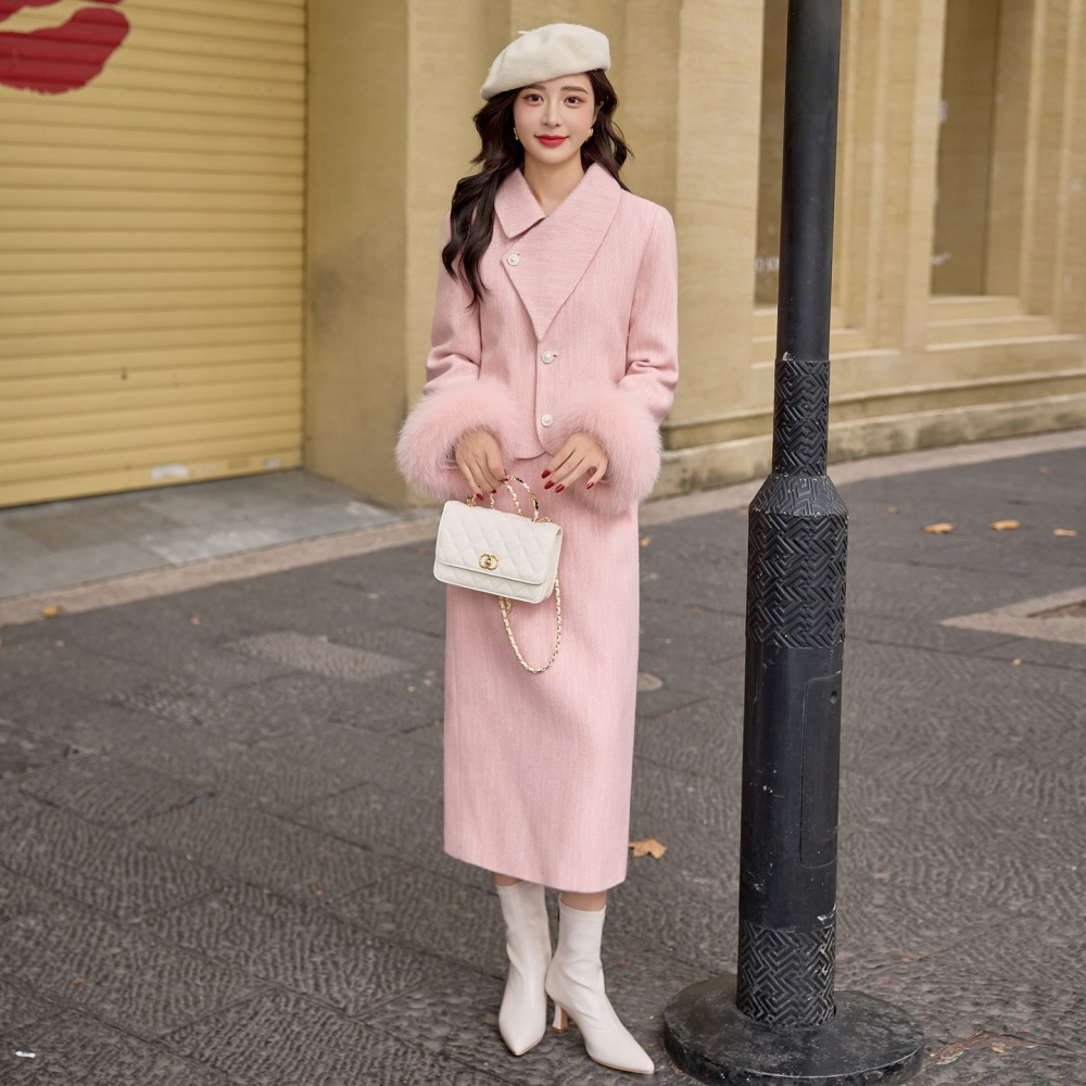 Lapel temperament long skirt thick duck down coat a set
