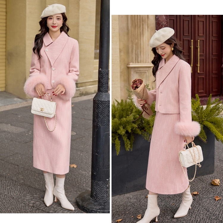 Lapel temperament long skirt thick duck down coat a set