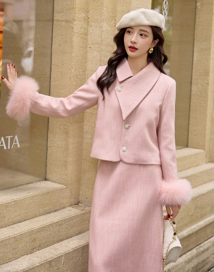 Lapel temperament long skirt thick duck down coat a set