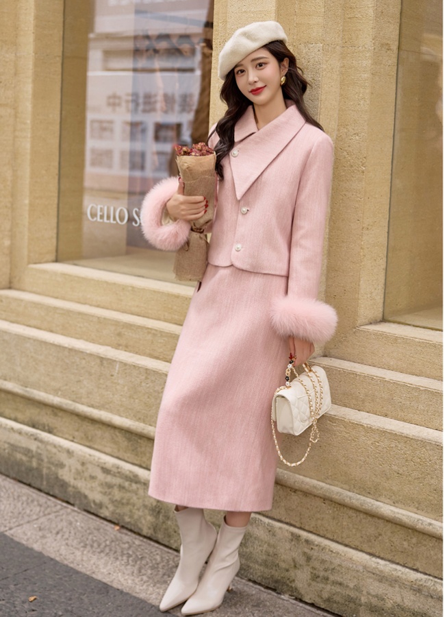 Lapel temperament long skirt thick duck down coat a set